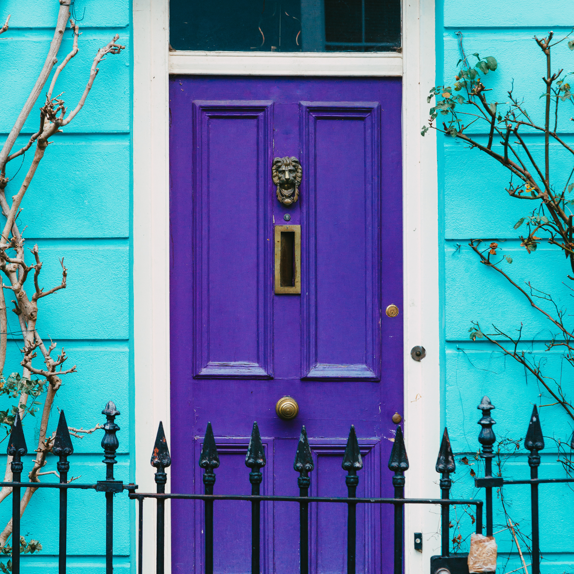 Purple front door of house with blue facade on residential city street