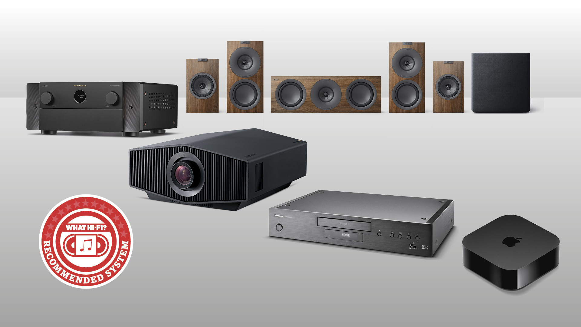 Sony projector, KEF speakers and Marantz amp on grey background