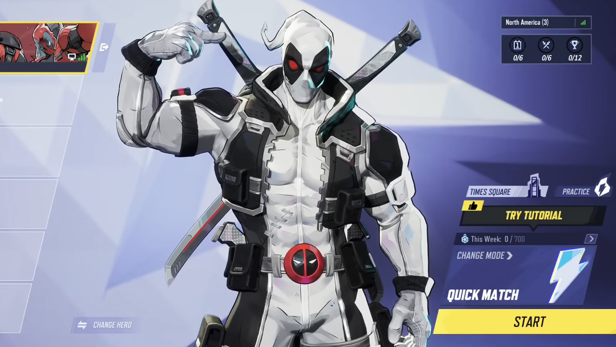 Wade Wilson, aka Deadpool, in his X-Force grey and black costume in his Marvel Rivals video game appearance.