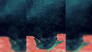 Zoomed out satellite image of sea swirls. The land appears red.