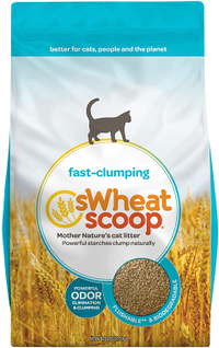 sWheat Scoop
Made from wheat, sWheat easily clumps while also eliminating odors. Certified flushable by independent researchers, the SGS US Testing Company, the manufacturer advises scooping the litter box daily, scooping clumps into the toilet and letting them soak for 20 minutes.