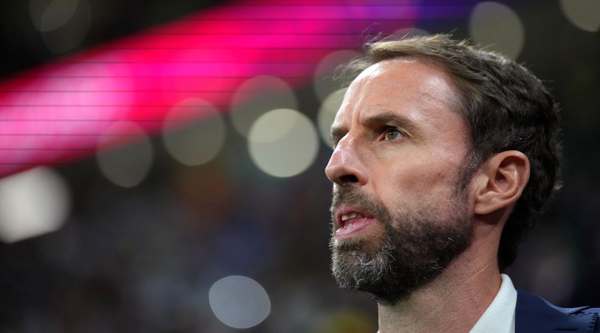 England manager Gareth Southgate looks on ahead of the FIFA World Cup 2022 last 16 match between England and Senegal at the Al Bayt Stadium on December 4, 2022 in Al Khor, Qatar.