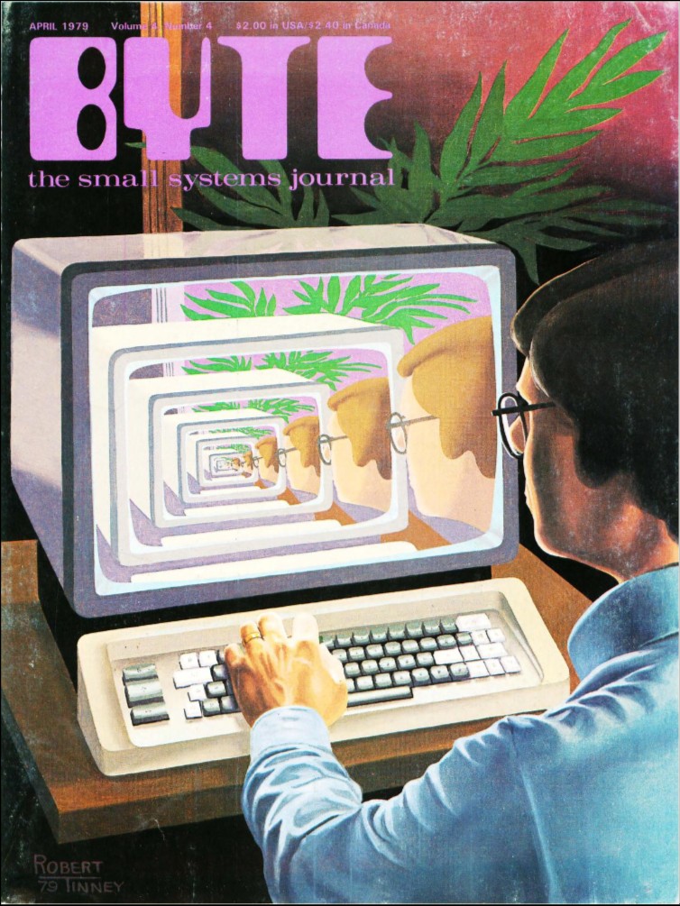 Byte cover showing man from behind looking at computer screen showing recursive view of him looking at the screen