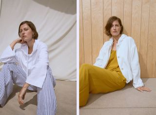 Model wears white jumper and Palazo stripped blue and white trousers, and mustard jumpsuit with white jacket