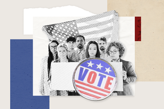 picture of a group of people holding the American flag and vote sign