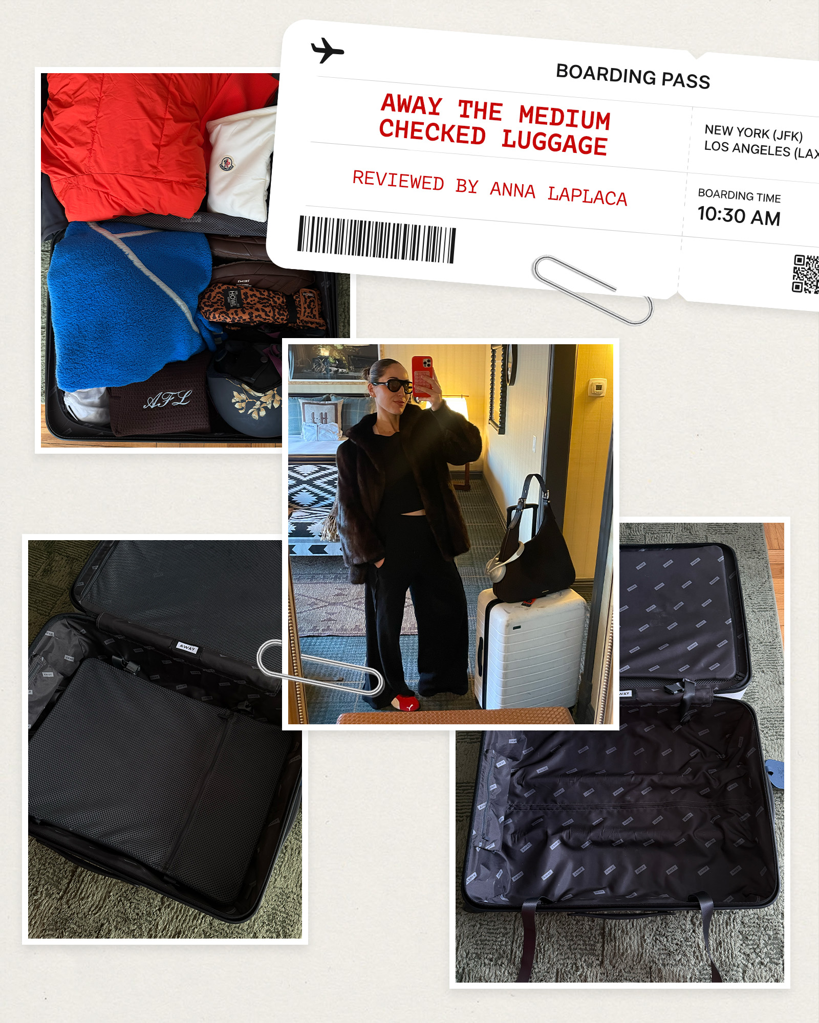 Collage of Anna LaPlaca testing Away's Medium Checked Luggage.