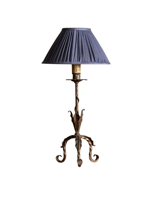 French Tole Leaf Tripod Table Lamp W/ Pleated Fabric Shade, 1940's