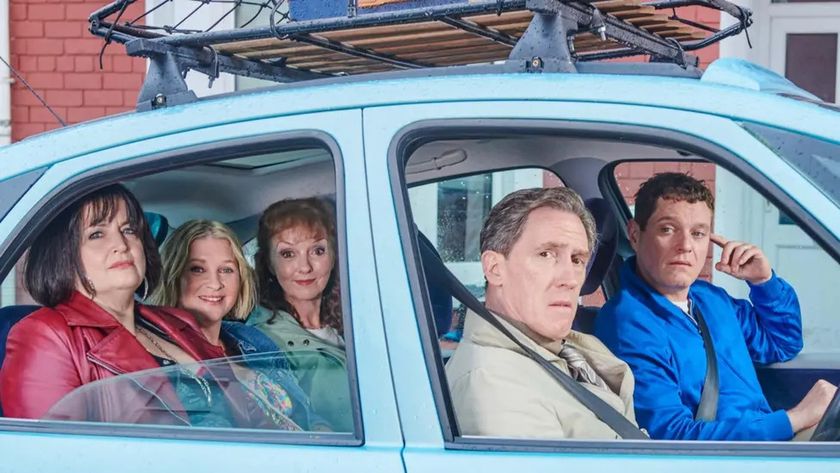 The cast of Gavin &amp; Stacey: The Finale, including Ruth Jones as Nessa and Rob Byrdon as Bryn, look out from a car