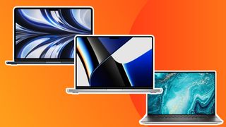 Three of the best laptops for music production on an orange background