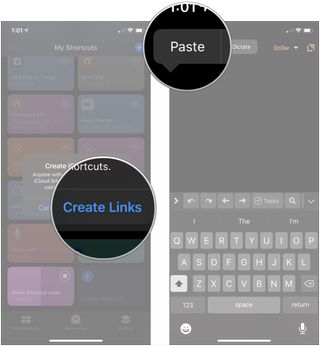 Share links to a specific shortcuts, showing how to tap Create Links, then paste links