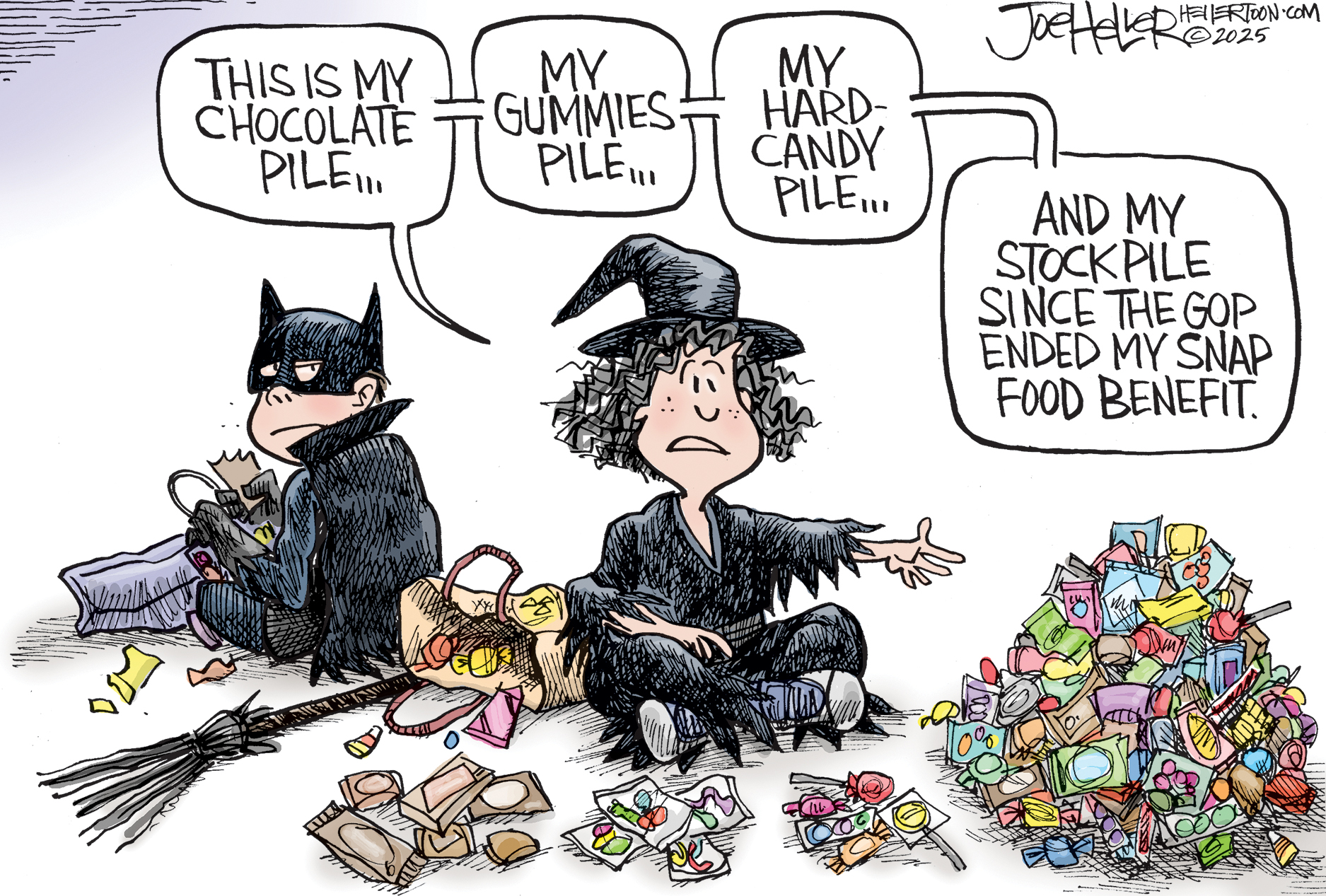 This political cartoon depicts a young boy dressed as batman and a young girl dressed as a witch. They are surrounded by three small piles of candy and one large pile. The girl looks at her candy and says, “This is my chocolate pile, my gummies pile, my hard candy pile..” before she looks at the large pile of candy and says, “And my stockpile since the GOP ended my SNAP food benefit.”