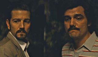 Diego Luna as Felix Gallardo and Wagner Moura as Pablo Escobar on Narcos: Mexico