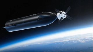 A giant chrome rocket and a small space capsule dock in low Earth orbit.