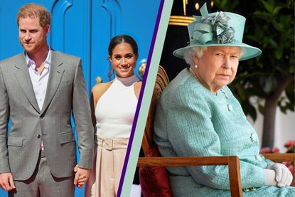 Queen sleepover invite - Prince Harry and Meghan side by side with the Queen in a Goodto template