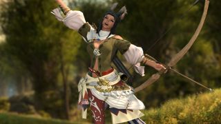 A Viera Bard with a bow looking pleased.