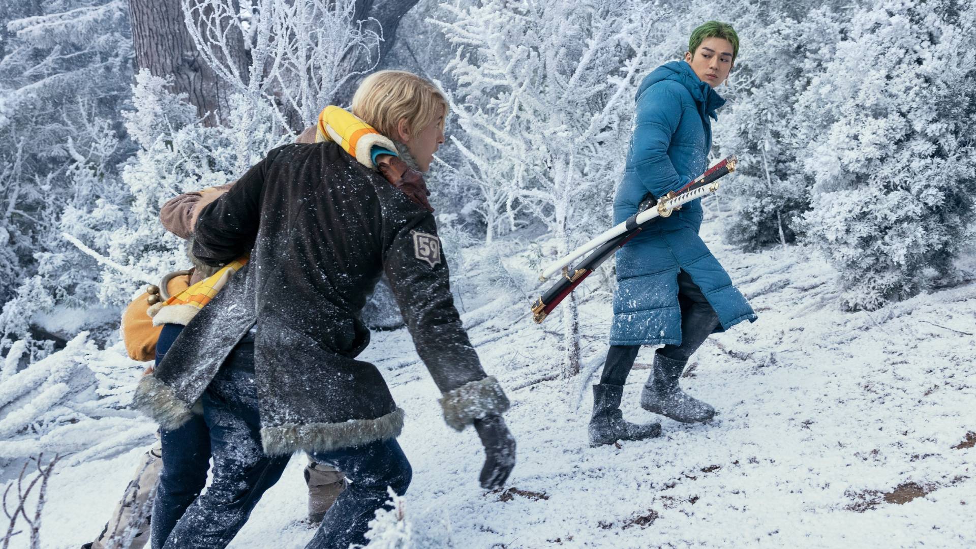 Iñaki Godoy, Taz Skyler, and Mackenyu in One Piece season 2