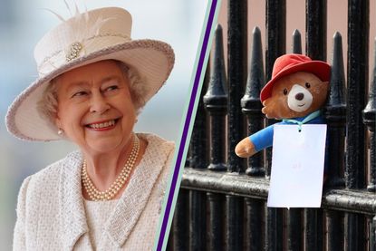 A picture of Queen Elizabeth II smiling and wearing a cream dress and matching hat, alongside a photograph of a Paddington Bear Toy, with a note, sat on the gates of Buckingham Palace, left in tribute to her Majesty on September 10, 2022