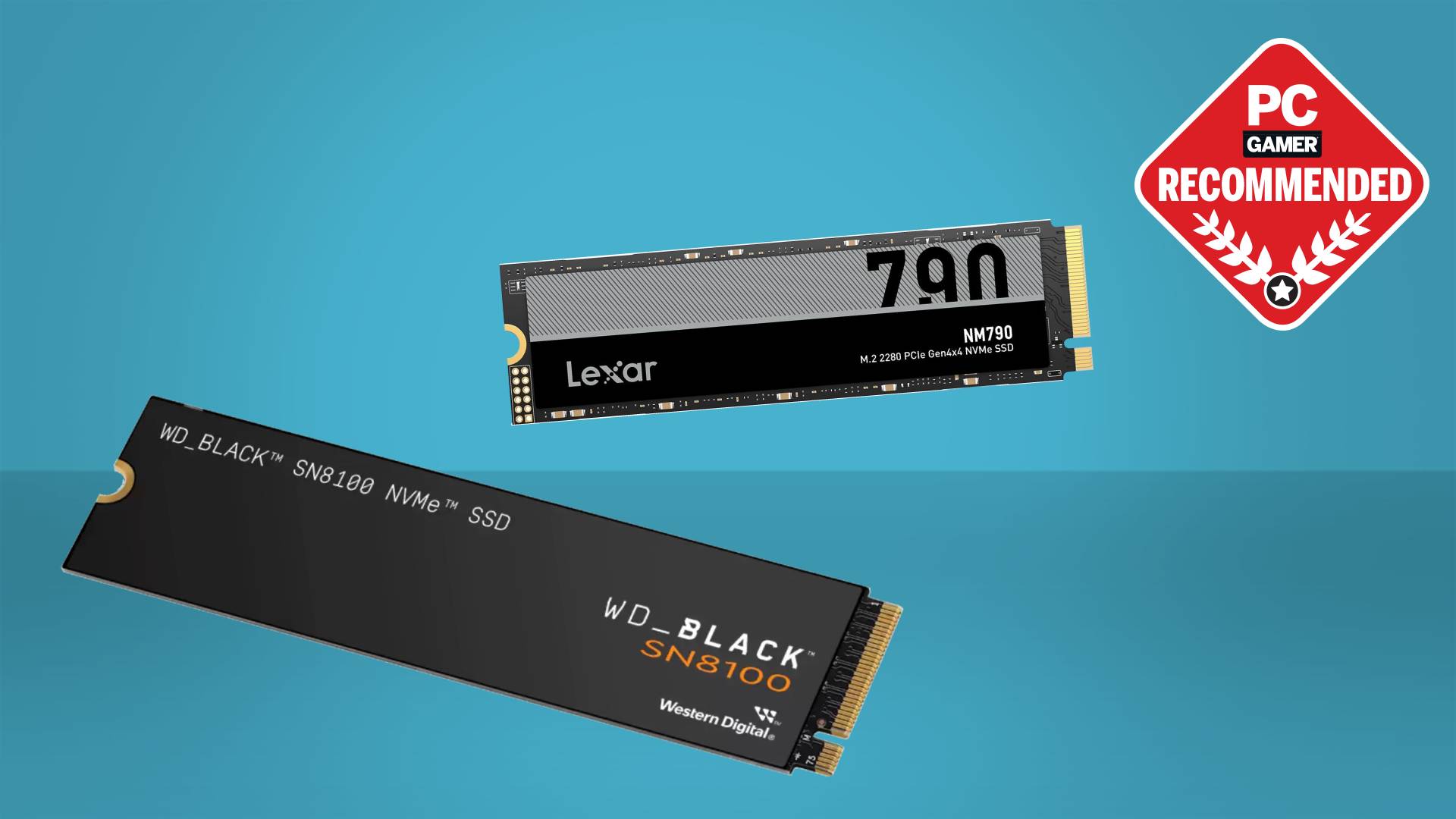 WD Black SN8100 and Lexar NM790 SSDs on a blue background with PC Gamer recommended logo on top