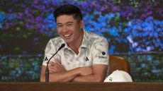 Collin Morikawa talks to the media at The Masters