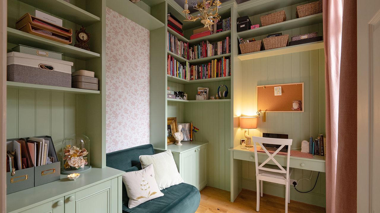 Reveal of a small room makeover painted in sage green with floor-to-ceiling storage
