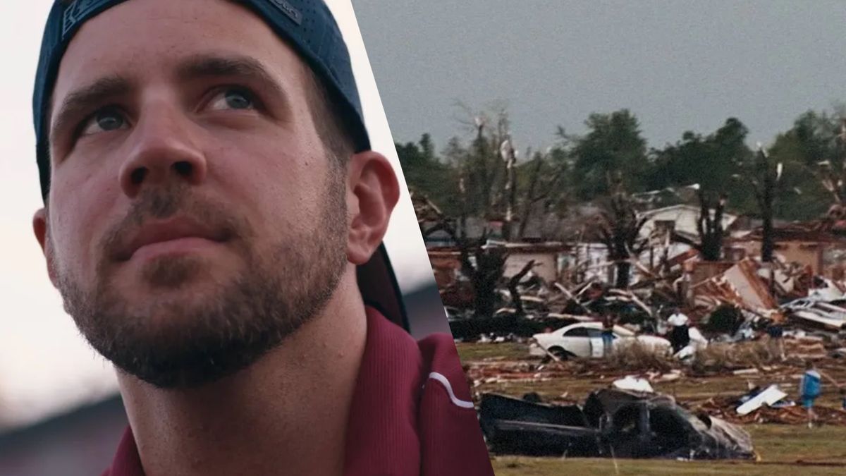 Split image of Keegan and the aftermath of the Joplin tornado in &quot;The Twister: Caught in the Storm&quot;