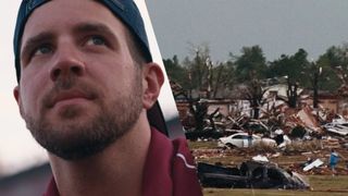 Split image of Keegan and the aftermath of the Joplin tornado in "The Twister: Caught in the Storm"