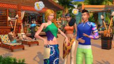 A screenshot with three Sims speaking on a beach setting with other Sims reclining in the background