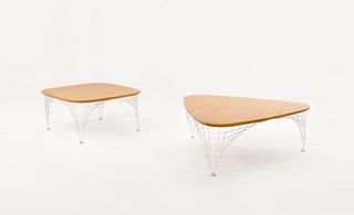 Beech coffee tables with aluminum crafted legs,one square and one triangular