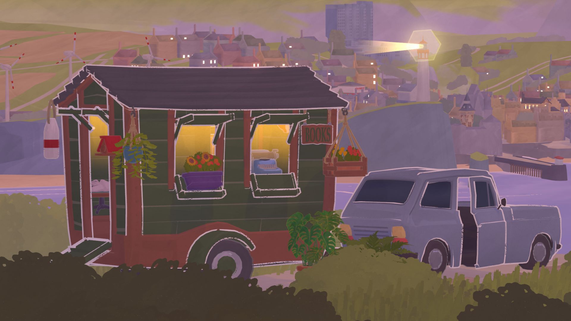 Your bookstore hitched to a car in Tiny Bookshop. This one is painted brown and green with a black roof. There are plants hung around the outside, a birdhouse, and buoy - all for decoration. There&#039;s a distant seaside town in the background with a lighthouse shining. 