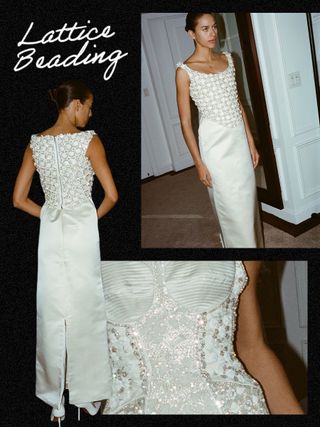 A collage of images featuring wedding dresses with lattice beading.