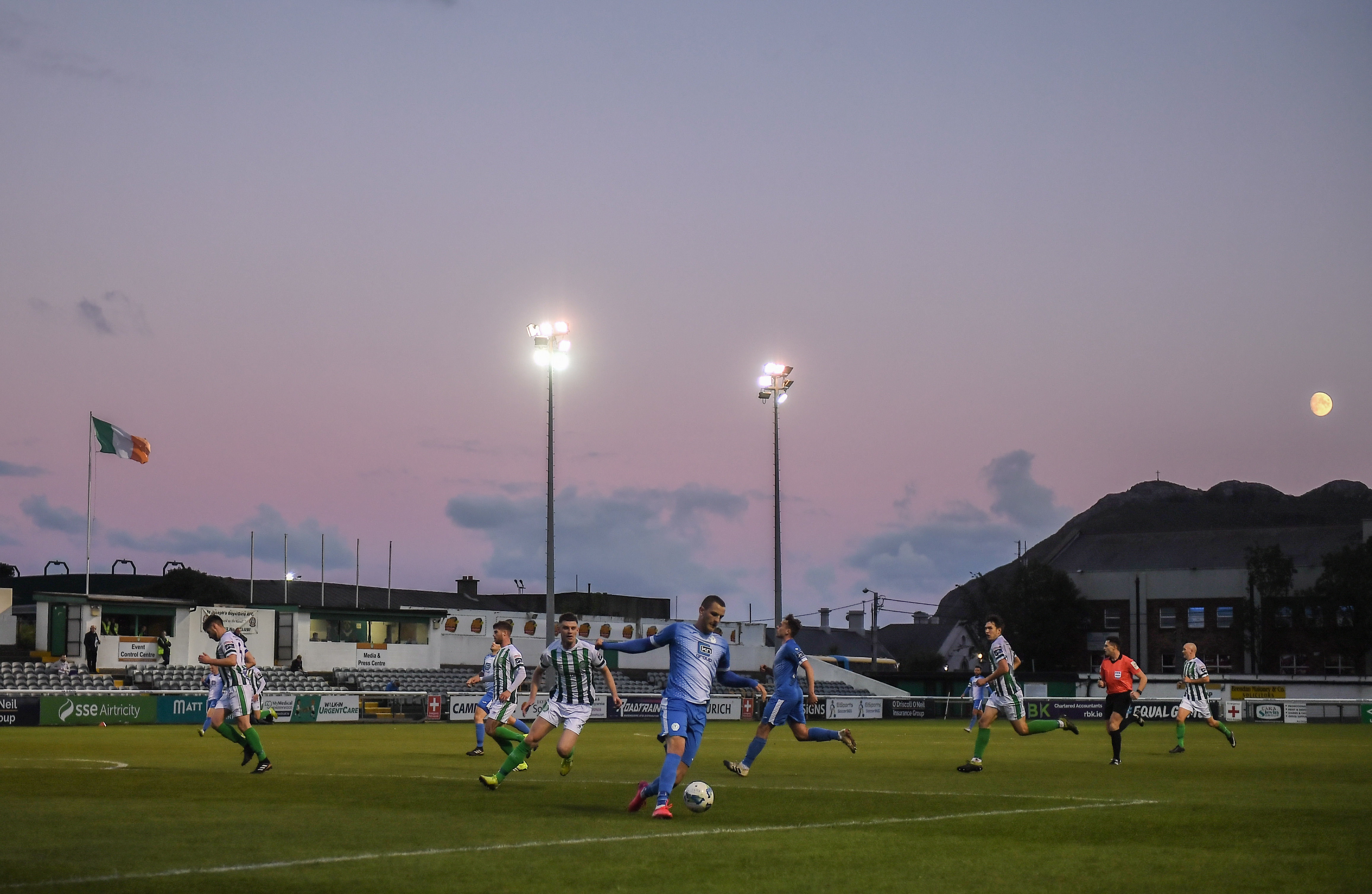 General view of The Carlisle Grounds during a match between Bray Wanderers and Finn Harps in August 2020.