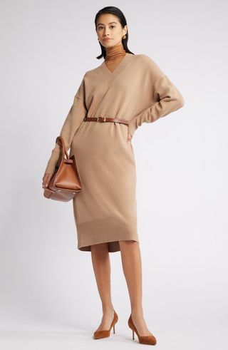 V-Neck Long Sleeve Wool & Cashmere Sweater Dress