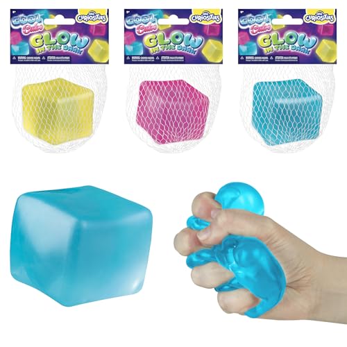 Orb Curiosities Cool Cubes Glow in the Dark Stress Cube Toys 3 Pack - Fun, Glowing, Slow Rising Squishy Cube Toys - Fidget and Sensory Cubes for Kids and Adults - Squeeze at Home, Desk, or Classroom