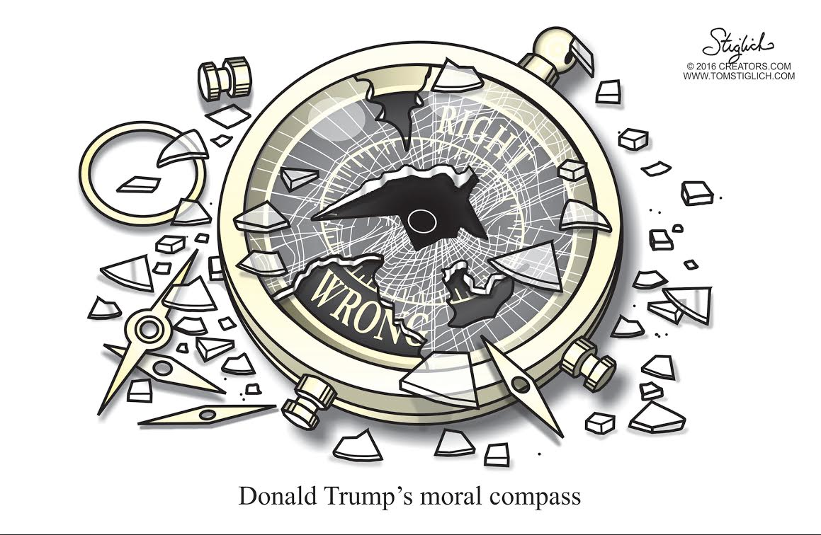 Political cartoon U.S. Donald Trump moral compass broken