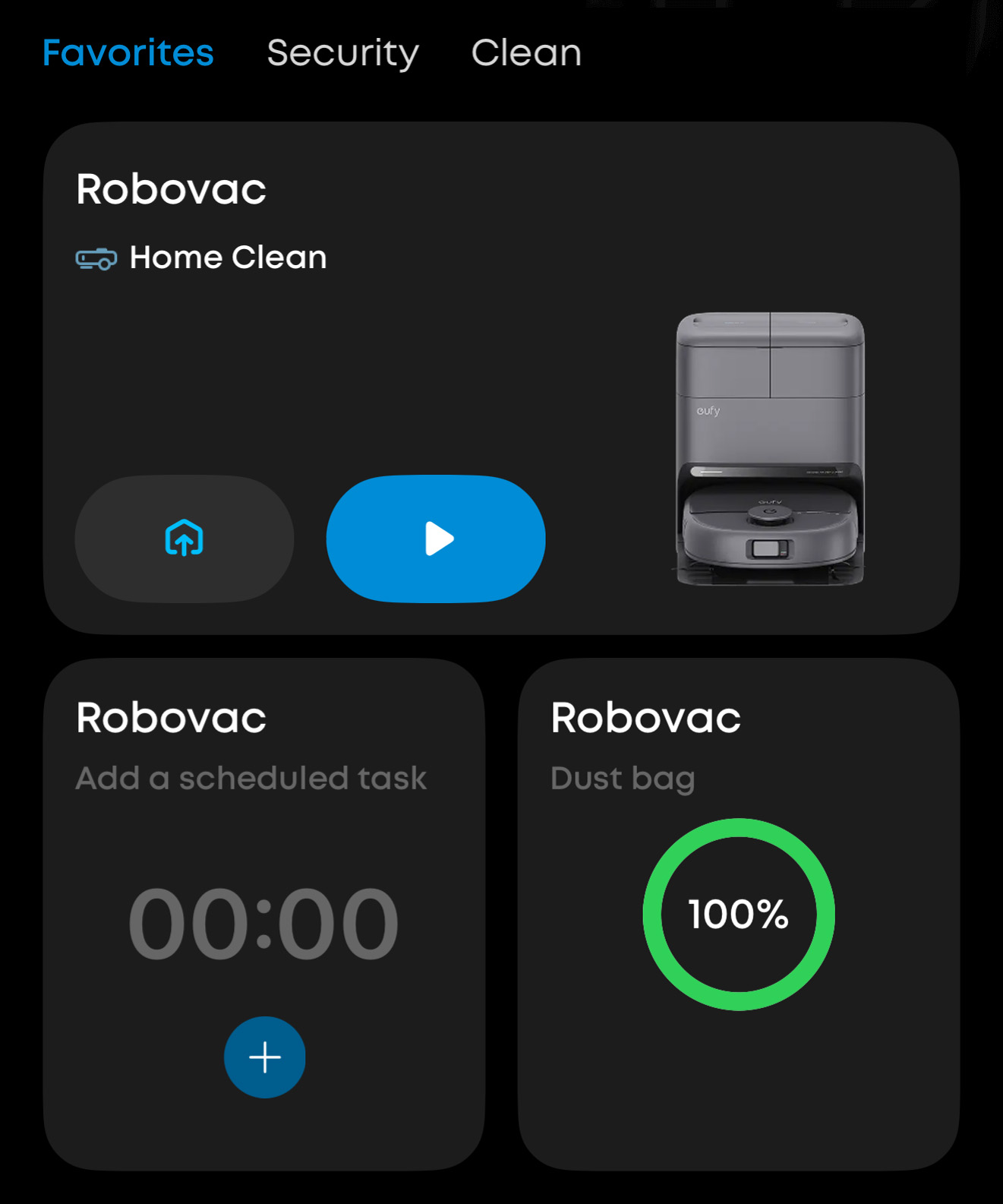 eufy Omni C28 app home screen showing Robovac controls, cleaning status and dust bag level