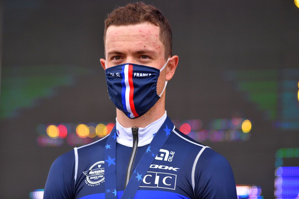 PLOUAY FRANCE AUGUST 24 Podium Remi Cavagna of France Silver Medal Celebration during the 26th UEC Road European Championships 2020 Mens Elite Individual Time Trial a 256km race from Plouay to Plouay ITT UECcycling EuroRoad20 on August 24 2020 in Plouay France Photo by Luc ClaessenGetty Images