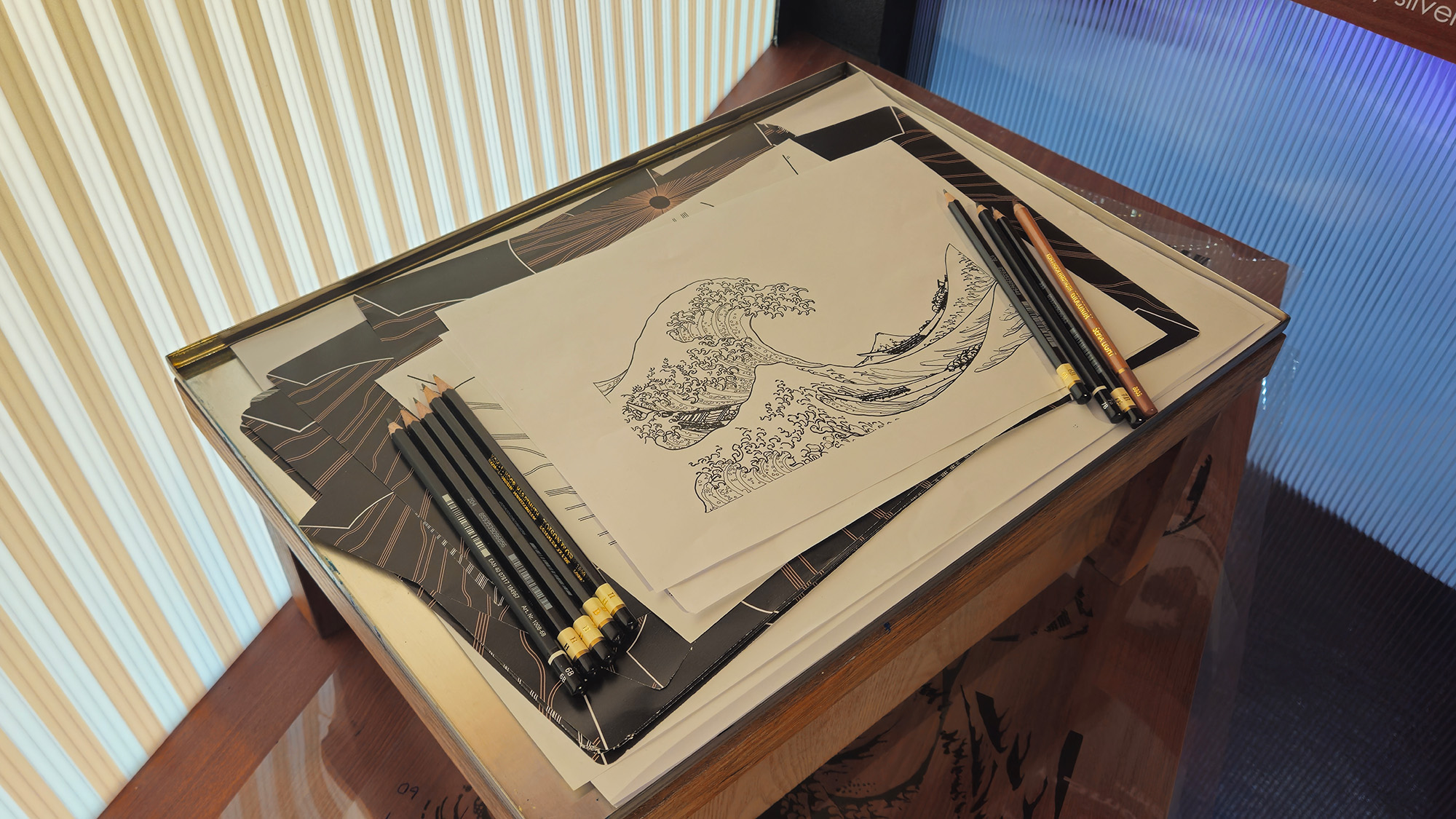 A pencil sketch of The Great Wave