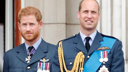 Prince William and Prince Harry watch a flypast to mark the centenary of the Royal Air Force from the balcony of Buckingham Palace