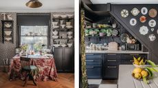 two side by side images of an eclectic family with dark small kitchen and decorative plates and shelves filled with vintage ceramics