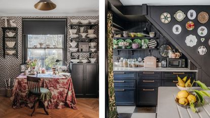 two side by side images of an eclectic family with dark small kitchen and decorative plates and shelves filled with vintage ceramics