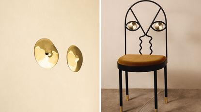 Left, gold breasts on the wall and right, a chair with an iron and brass face on the back