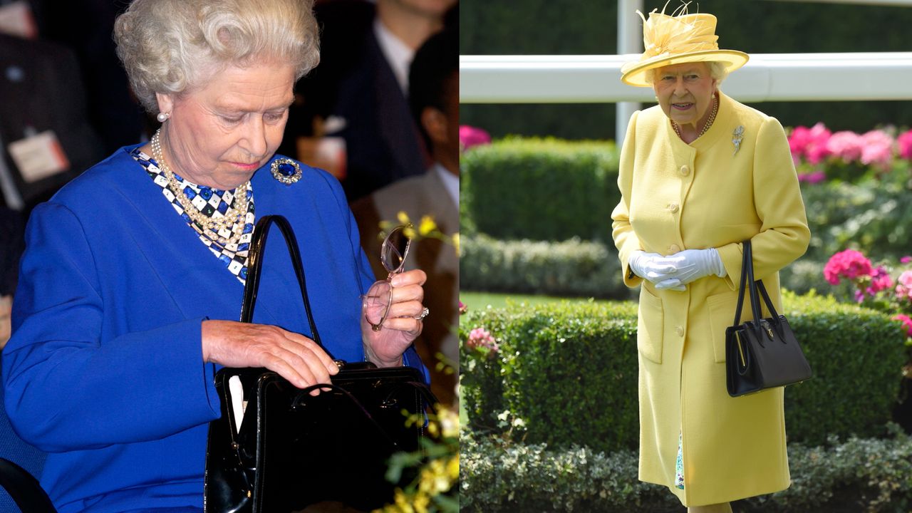 Queen Elizabeth wearing a blue coat looking down into her black handbag next to a picture of herself a yellow coat and matching hat in a garden full of flowers while holding a black purse