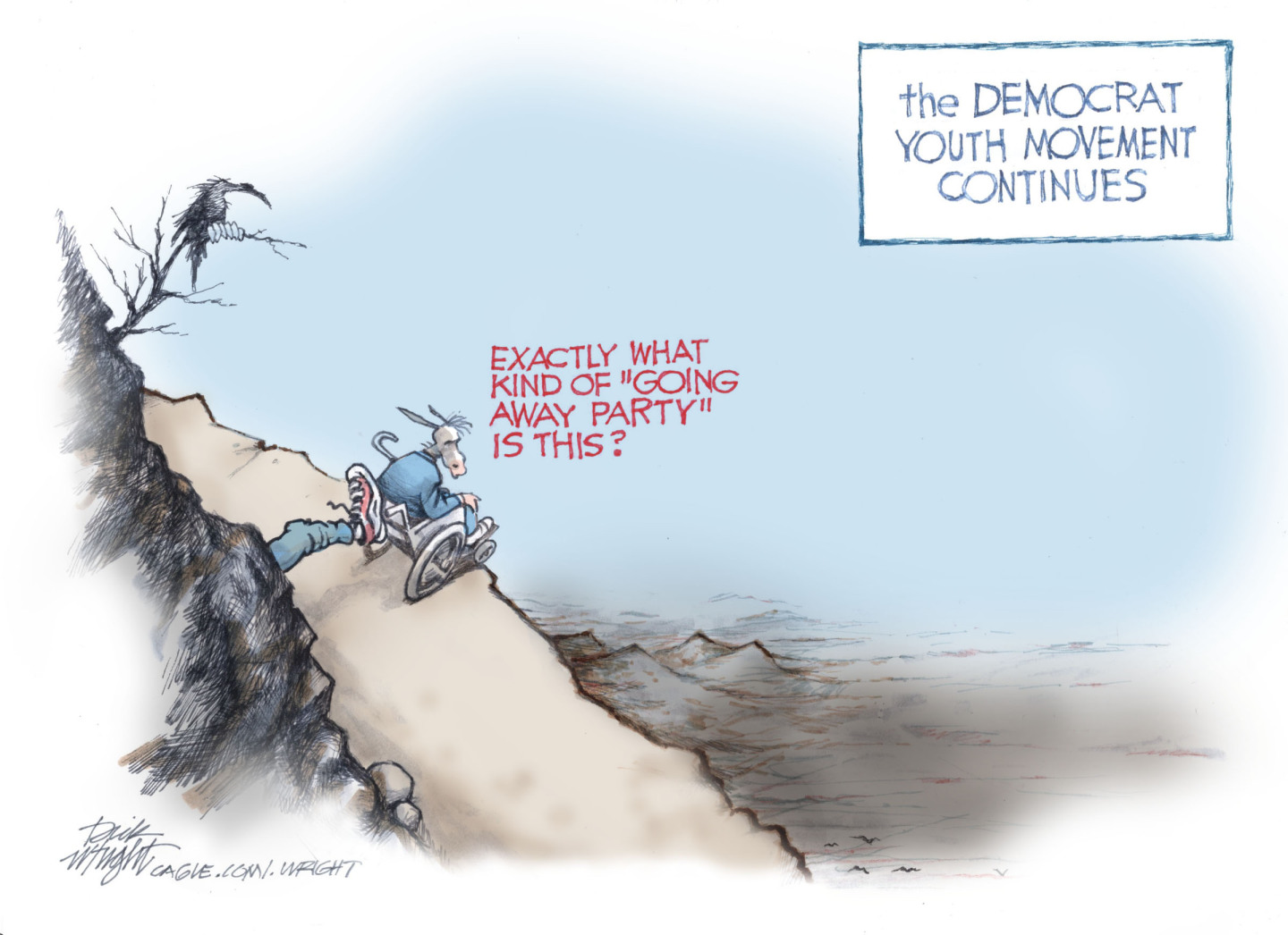 This cartoon, titled "the DEMOCRAT YOUTH MOVEMENT CONTINUES," depicts a donkey, in a wheelchair being kicked off a cliff by a leg drawn to look like a young person's leg in skinny pants and a sneaker. The donkey says, "EXACTLY WHAT KIND OF 'GOING AWAY PARTY' IS THIS ?"