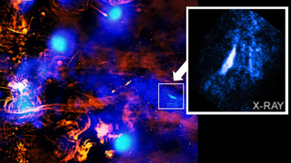 (Main) The heart of the Milky Way as seen by MeerKAT (Inset) the chimney spouting from Sagitarius A* as seen in X-rays by the Chandra telescope