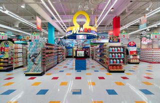 Shelves filled with fake products in a large mock grocery store at Omega Mart in Las Vegas