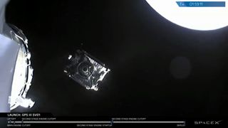 The GPS III SV01 navigation satellite sails into space after a successful deployment from the SpaceX Falcon 9 upper stage on Dec. 23, 2018.