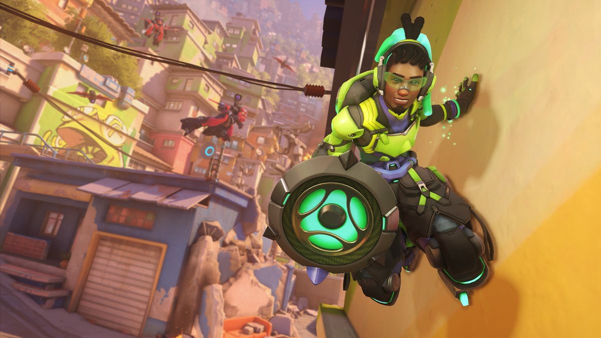 Overwatch hero Lucio wall riding in his neon green outfit in a bright favella