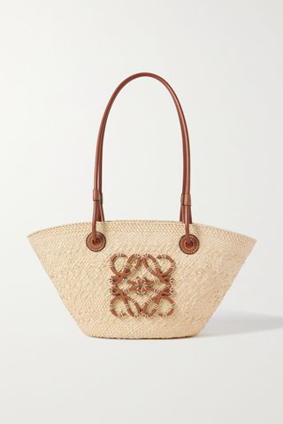 + Paula's Ibiza Small Leather-Trimmed Woven Raffia Tote