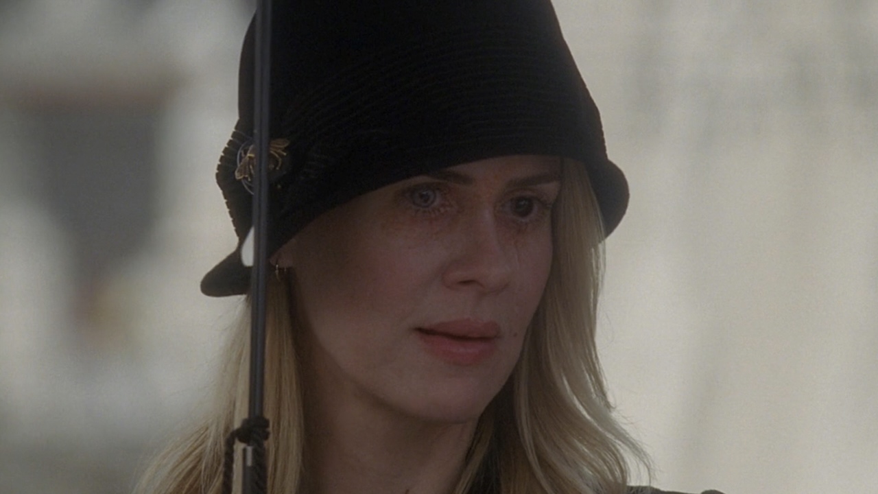 Cordelia Goode wearing black hat standing in cemetery in American Horror Story: Coven