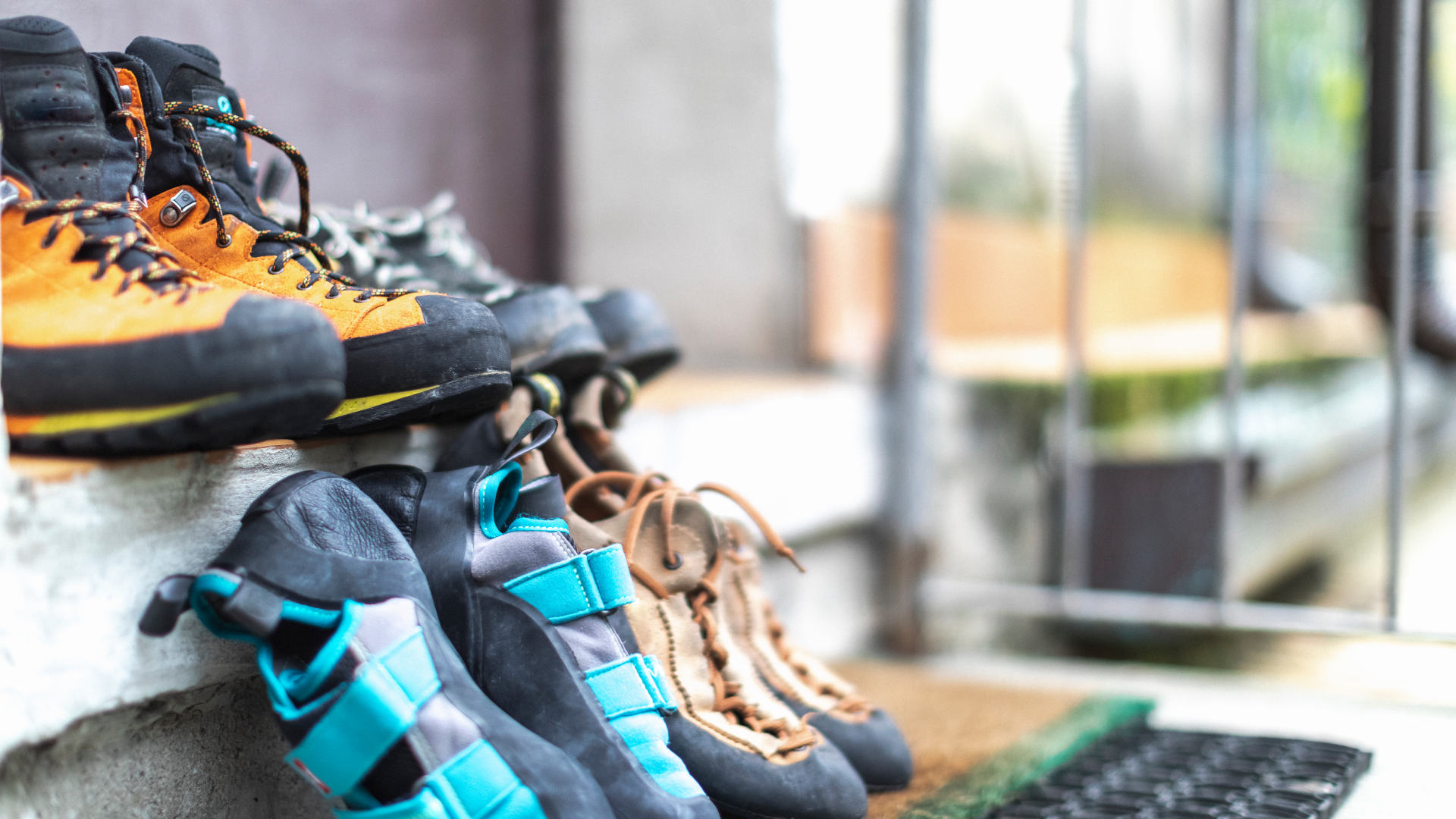 Hiking boots lined up indoors